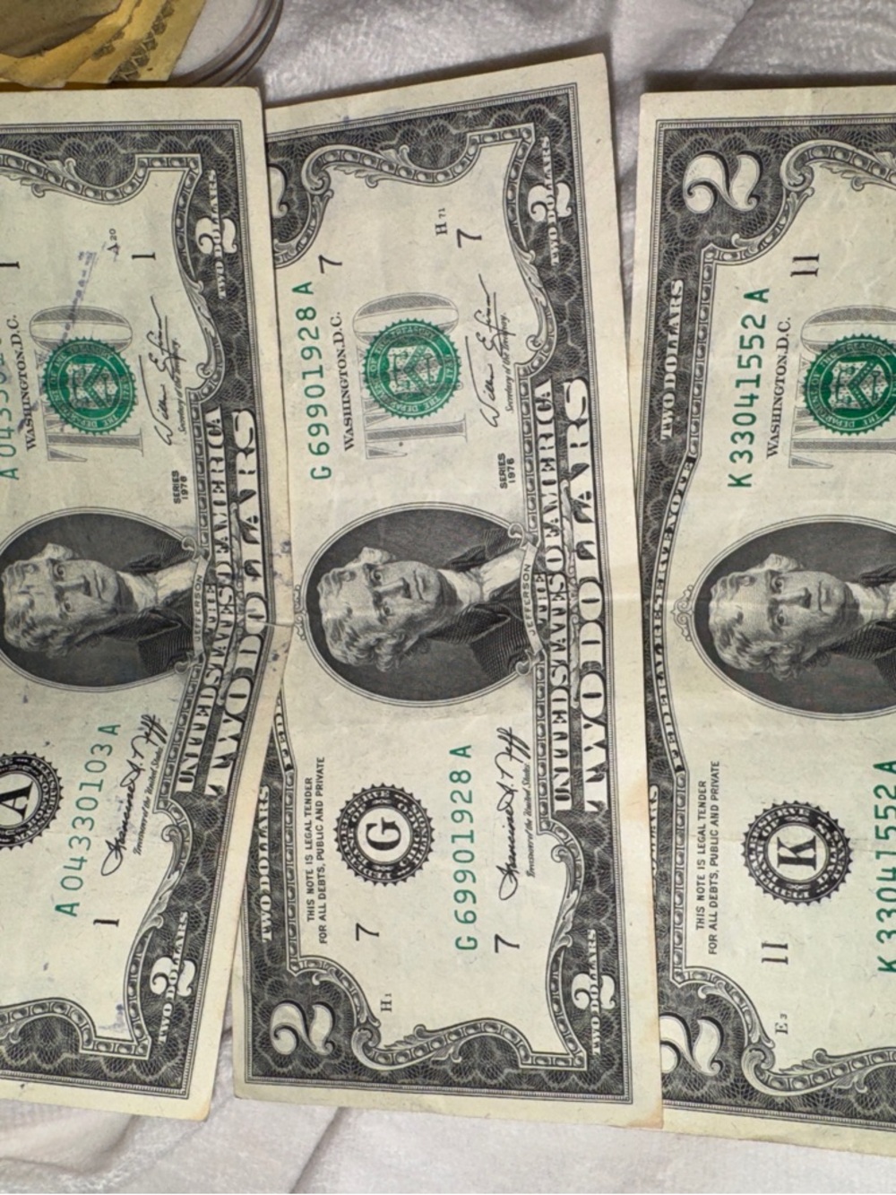 Vintage US Two Dollar Bills - Green and White